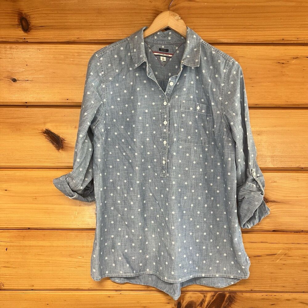 Tommy Hilfiger Light Blue Polka Dot Boyfriend Fit Chambray Roll Tab Shirt Large